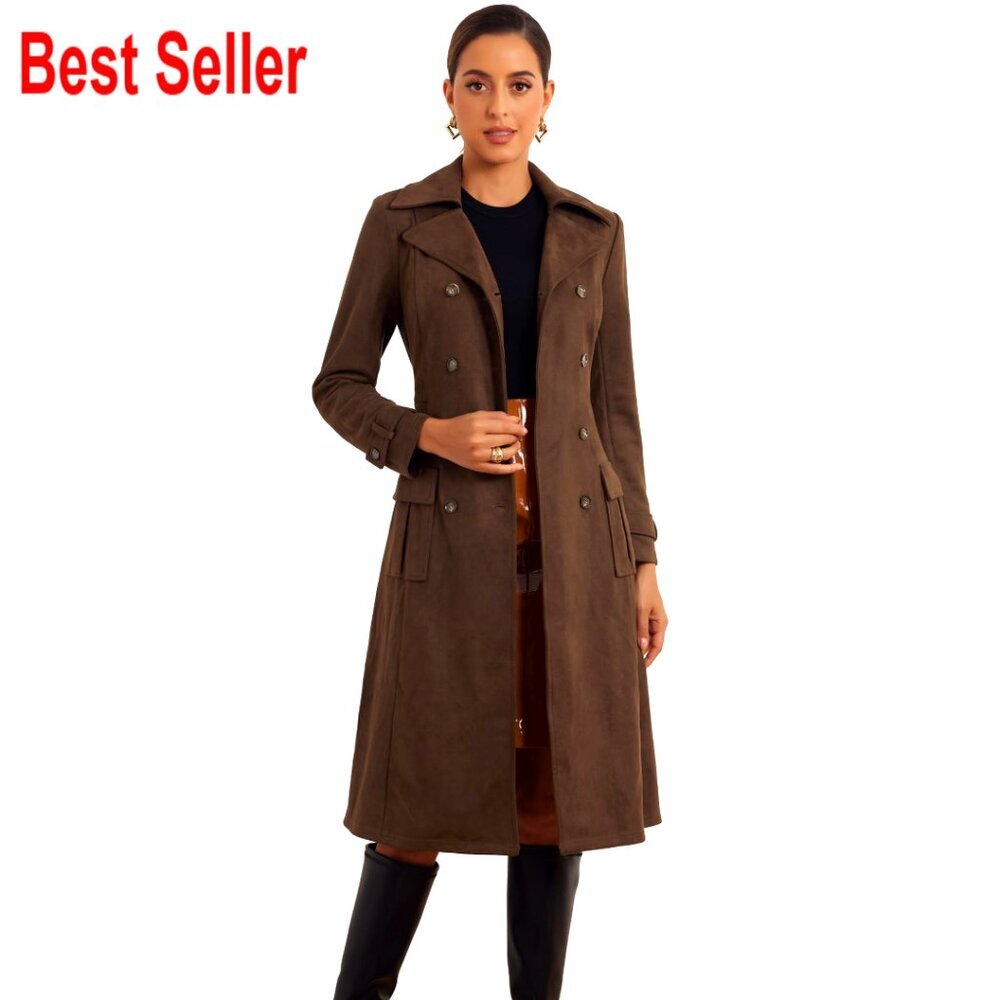 Faux Suede Long Trench Coat Double Breasted Pea Coat with Pockets